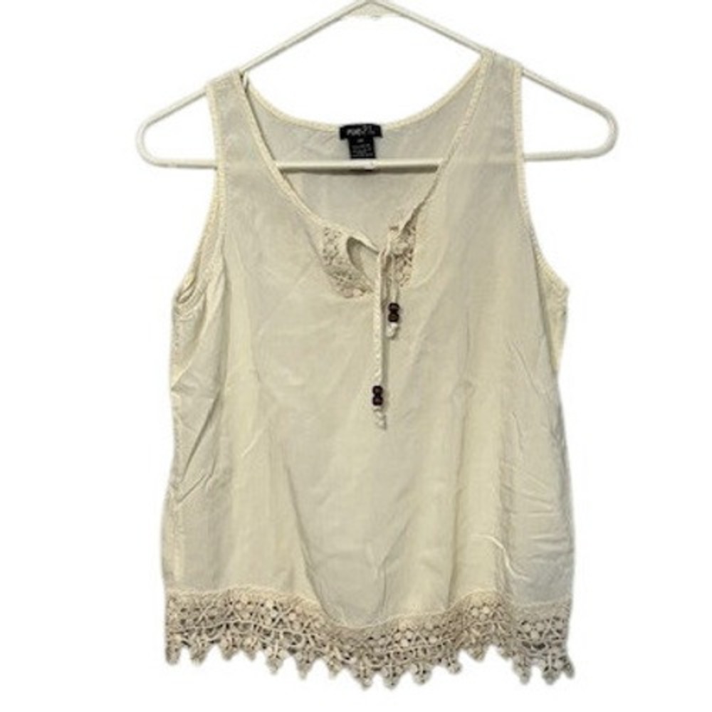 Rue21 Womens Cream Boho Lace Trim Tank Top Sleeveless Keyhole Tie Beaded Med